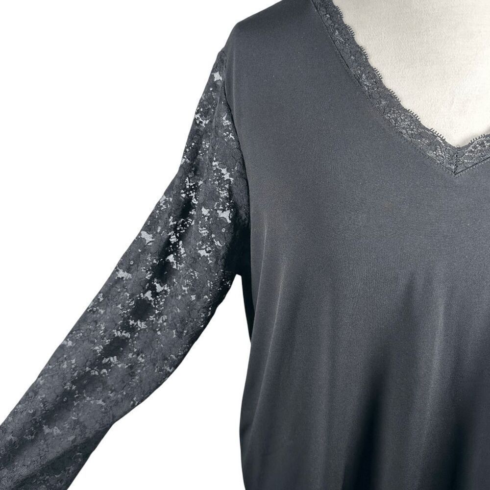 Susan Graver Black Tunic Shirt Sheer Lace Sleeves Romantic Boho Slinky Size 1X - Picture 9 of 9